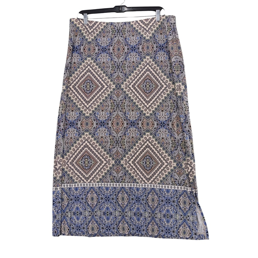 Chico's Maxi Skirt 3 XL Blue Geometric Medallion Print Side Slit Stretch